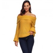Off The Shoulder Long Bell Sleeve Overlap Solid Color Women Pullover Sweater (ORANGE GOLD)