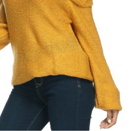 Off The Shoulder Long Bell Sleeve Overlap Solid Color Women Pullover Sweater (ORANGE GOLD)