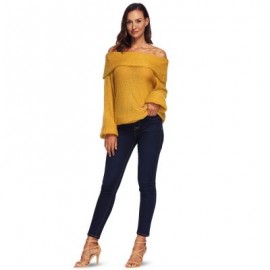Off The Shoulder Long Bell Sleeve Overlap Solid Color Women Pullover Sweater (ORANGE GOLD)