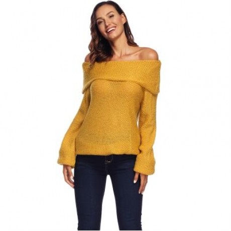 Off The Shoulder Long Bell Sleeve Overlap Solid Color Women Pullover Sweater (ORANGE GOLD)