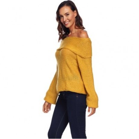 Off The Shoulder Long Bell Sleeve Overlap Solid Color Women Pullover Sweater (ORANGE GOLD)