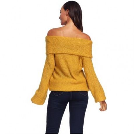 Off The Shoulder Long Bell Sleeve Overlap Solid Color Women Pullover Sweater (ORANGE GOLD)