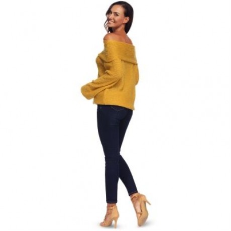 Off The Shoulder Long Bell Sleeve Overlap Solid Color Women Pullover Sweater (ORANGE GOLD)
