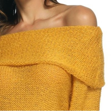 Off The Shoulder Long Bell Sleeve Overlap Solid Color Women Pullover Sweater (ORANGE GOLD)