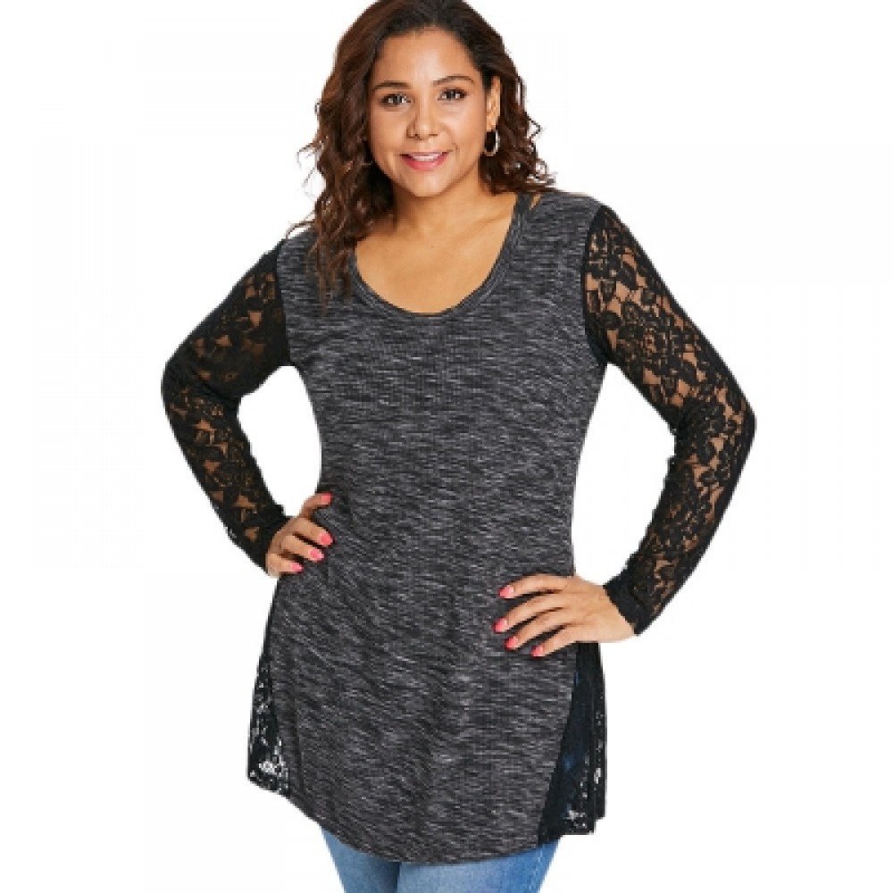 Plus Size Sheer Lace Panel Tunic T-shirt (CARBON GRAY)