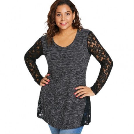 Plus Size Sheer Lace Panel Tunic T-shirt (CARBON GRAY)