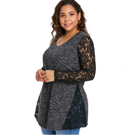 Plus Size Sheer Lace Panel Tunic T-shirt (CARBON GRAY)