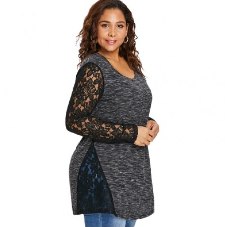 Plus Size Sheer Lace Panel Tunic T-shirt (CARBON GRAY)