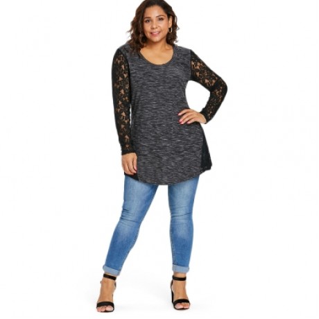 Plus Size Sheer Lace Panel Tunic T-shirt (CARBON GRAY)