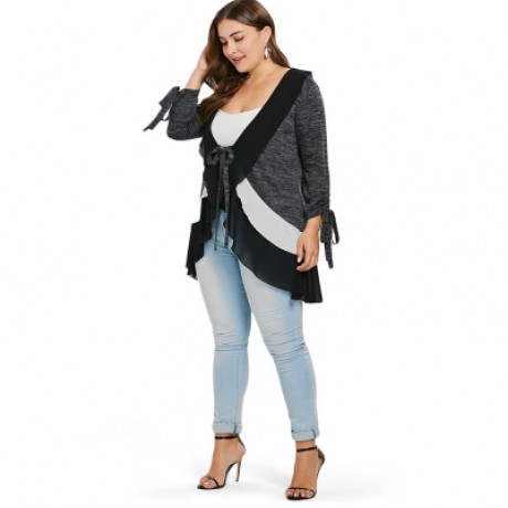 Plus Size Ruffle Trim Marled Coat (GRAY)