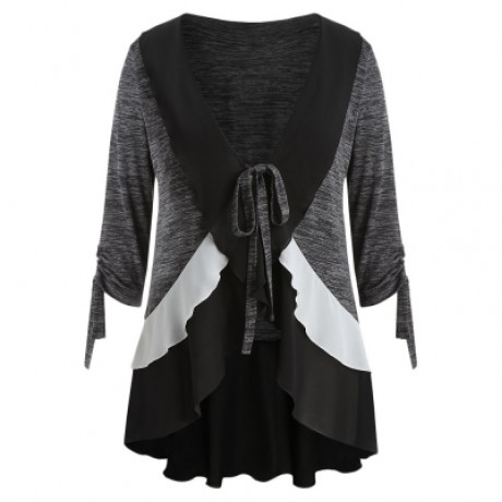 Plus Size Ruffle Trim Marled Coat (GRAY)