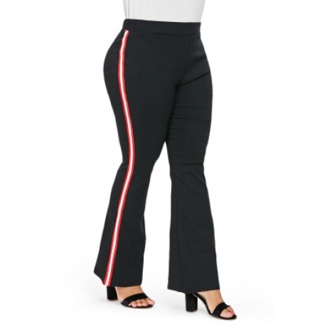 Plus Size Side Color Block Striped Flare Pants  (BLACK)