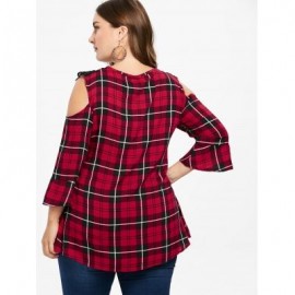 Plus Size Cut Out Shoulder Plaid Top (RED)