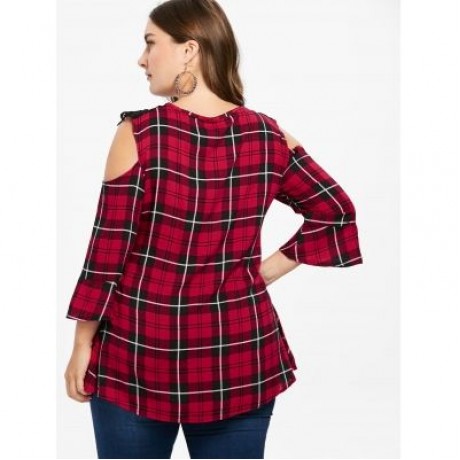 Plus Size Cut Out Shoulder Plaid Top (RED)