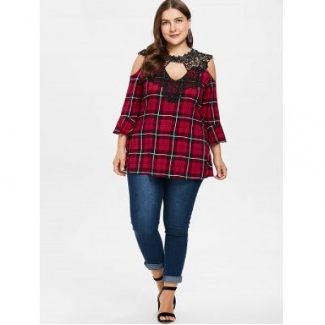 Plus Size Cut Out Shoulder Plaid Top (RED)