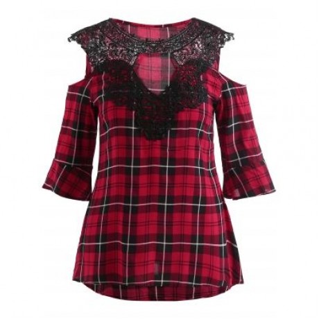 Plus Size Cut Out Shoulder Plaid Top (RED)