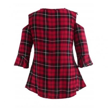 Plus Size Cut Out Shoulder Plaid Top (RED)