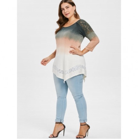 Plus Size Lace Insert Asymmetric T-shirt (MULTI)