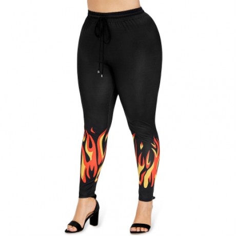 Plus Size Flame Print Drawstring Leggings (BLACK)