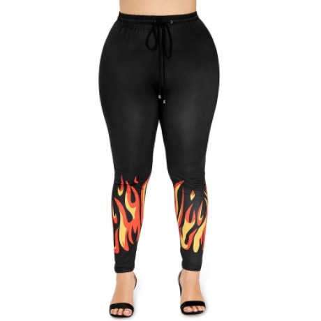 Plus Size Flame Print Drawstring Leggings (BLACK)