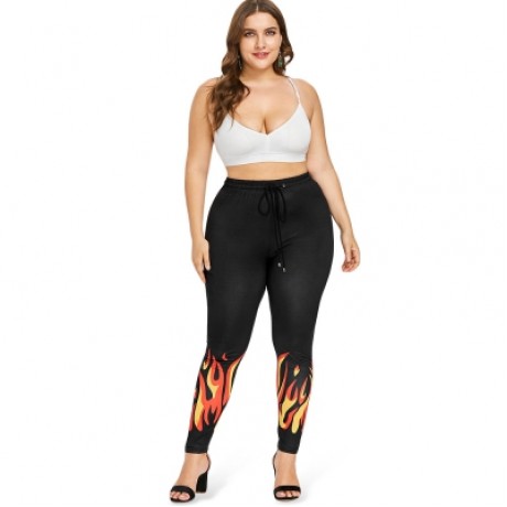 Plus Size Flame Print Drawstring Leggings (BLACK)