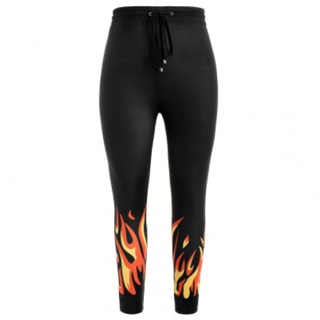 Plus Size Flame Print Drawstring Leggings (BLACK)