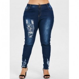 Plus Size Floral Embroidered Torn Jeans (DENIM DARK BLUE)