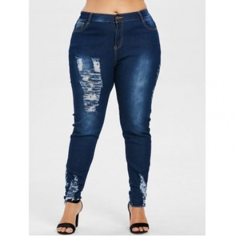 Plus Size Floral Embroidered Torn Jeans (DENIM DARK BLUE)