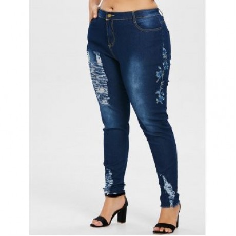 Plus Size Floral Embroidered Torn Jeans (DENIM DARK BLUE)