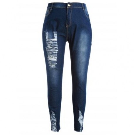 Plus Size Floral Embroidered Torn Jeans (DENIM DARK BLUE)