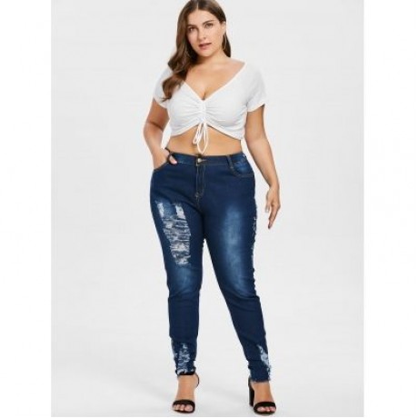 Plus Size Floral Embroidered Torn Jeans (DENIM DARK BLUE)