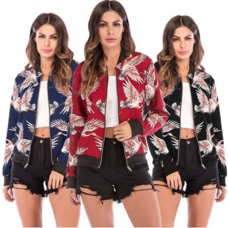 Stand Collar Long Sleeve Bird Print Pocket Women Jacket (LOVE RED)