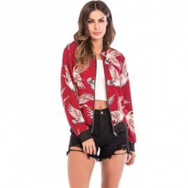 Stand Collar Long Sleeve Bird Print Pocket Women Jacket (LOVE RED)