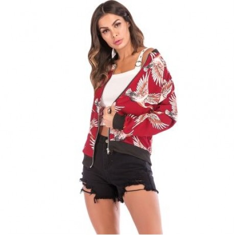 Stand Collar Long Sleeve Bird Print Pocket Women Jacket (LOVE RED)