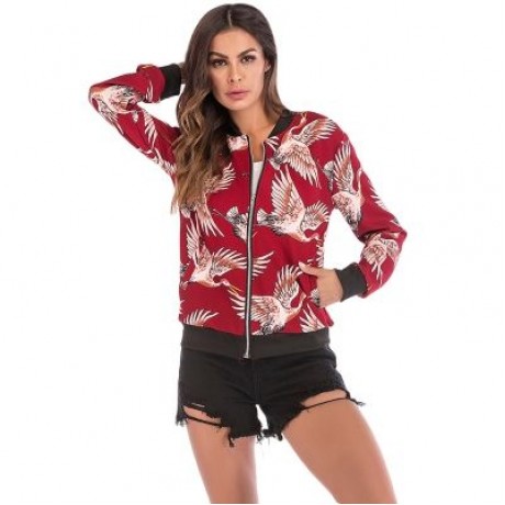 Stand Collar Long Sleeve Bird Print Pocket Women Jacket (LOVE RED)