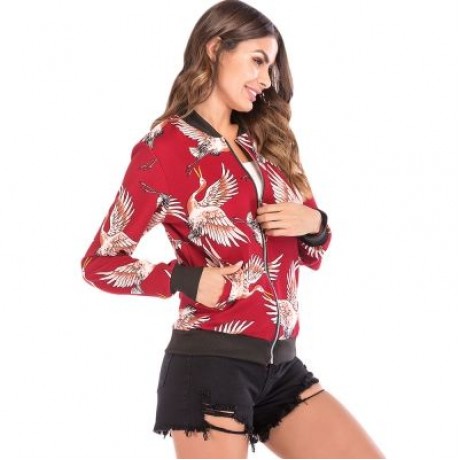 Stand Collar Long Sleeve Bird Print Pocket Women Jacket (LOVE RED)