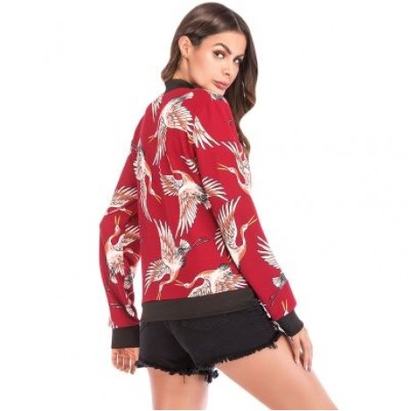 Stand Collar Long Sleeve Bird Print Pocket Women Jacket (LOVE RED)