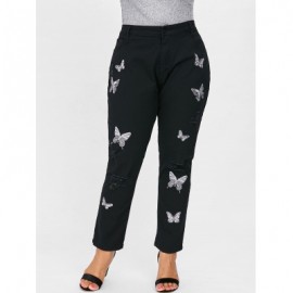 Plus Size Ripped Butterfly Embroidery Jeans (BLACK)
