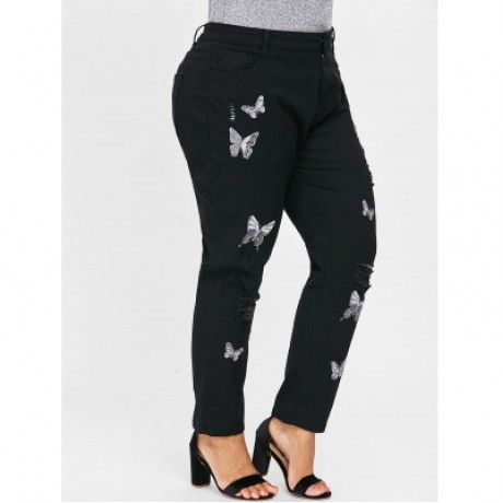 Plus Size Ripped Butterfly Embroidery Jeans (BLACK)