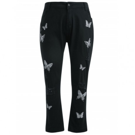 Plus Size Ripped Butterfly Embroidery Jeans (BLACK)