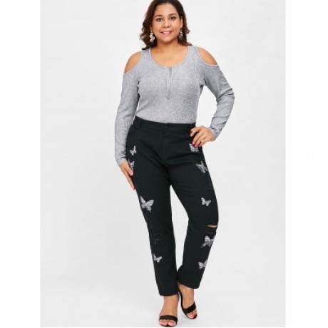 Plus Size Ripped Butterfly Embroidery Jeans (BLACK)
