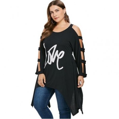 Plus Size Letterr Print Long Sleeve T-shirt (BLACK)