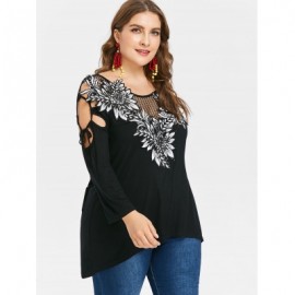 Plus Size Appliques Long Sleeve T-shirt (BLACK)
