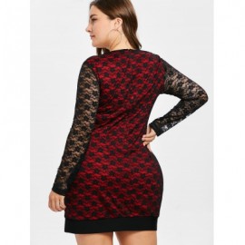 Plus Size Floral Lace Long Sleeve Dress (LOVE RED)