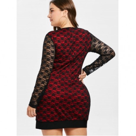 Plus Size Floral Lace Long Sleeve Dress (LOVE RED)