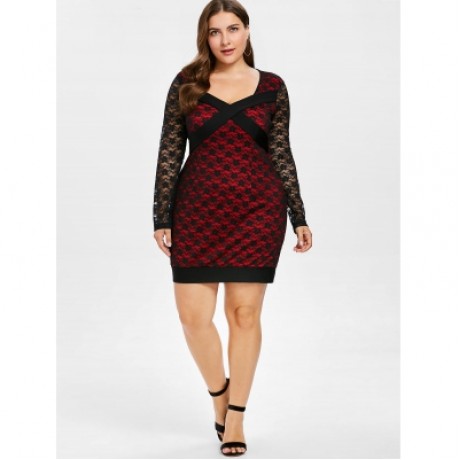 Plus Size Floral Lace Long Sleeve Dress (LOVE RED)