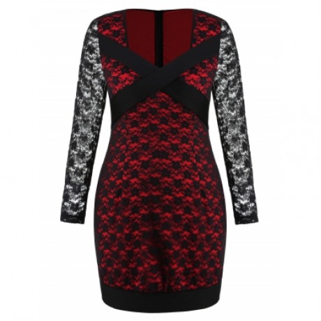 Plus Size Floral Lace Long Sleeve Dress (LOVE RED)