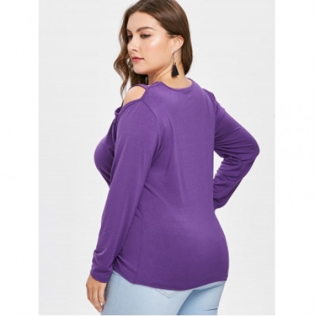Plus Size Shoulder Cut Long Sleeve T-shirt (PURPLE)