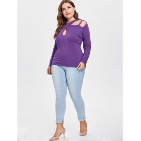 Plus Size Shoulder Cut Long Sleeve T-shirt (PURPLE)