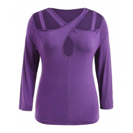 Plus Size Shoulder Cut Long Sleeve T-shirt (PURPLE)